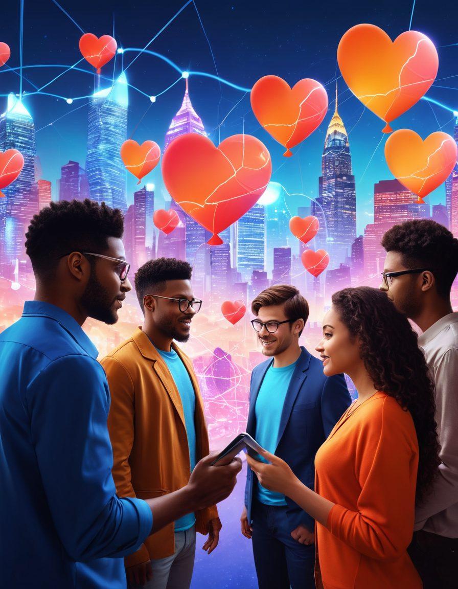 A diverse group of individuals, engaged in deep interactive conversations across multiple screens, symbolizing connections in a virtual world. Include elements of digital hearts, chat bubbles, and glowing network lines intertwining between them. The background should feature a futuristic city skyline, representing the digital landscape. The image should evoke warmth and excitement about building relationships online. vibrant colors. super-realistic.